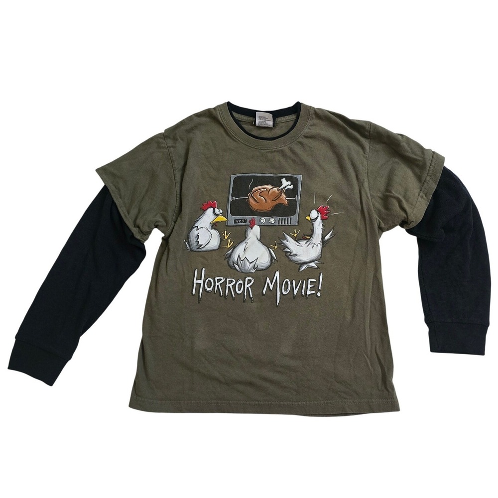 Hybrid Tees Boys Vintage Y2K Skater Top Horror Movie Chicken Olive Green Black L